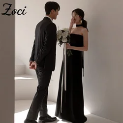 Zoci Simple Strapless Black Korea Evening Dresses Elastic Satin Photos Shoot Dress Corset Back Wedding Party Dresses Customized