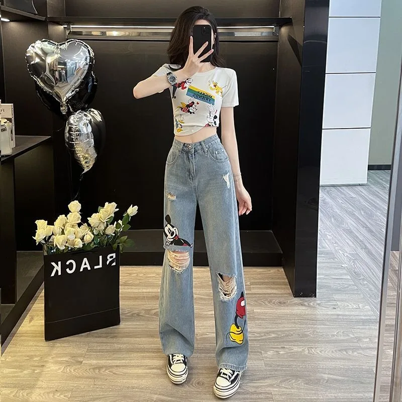 Disney Women's 2026 New Summer Mickey Mouse Cartoon Print Distressed Ripped Denim Jeans Casual Fashion Streetwear