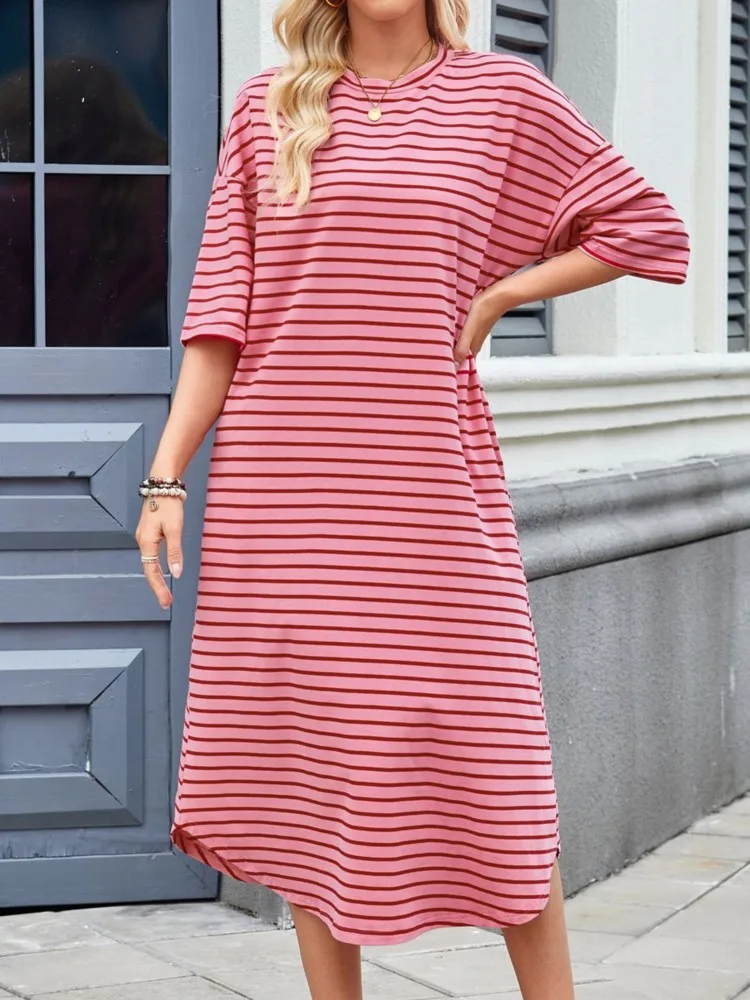 Robes rayées pour femmes, nouvelle mode coréenne, mi-longue, manches courtes, longueur aux genoux, t-shirt ample, robes décontractées pour le bureau, été 2025