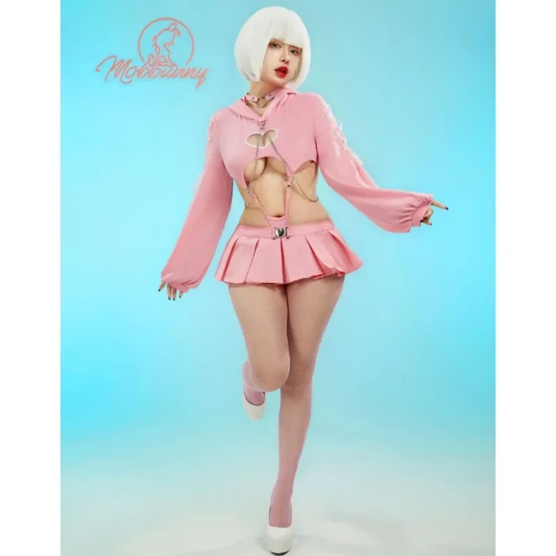 Ee01obbunny feminino kawaii estilo gato cospaly trajes lingerie sexy conjunto rosa coração recorte moletom com capuz e saia com tanga calcinha & 0ww