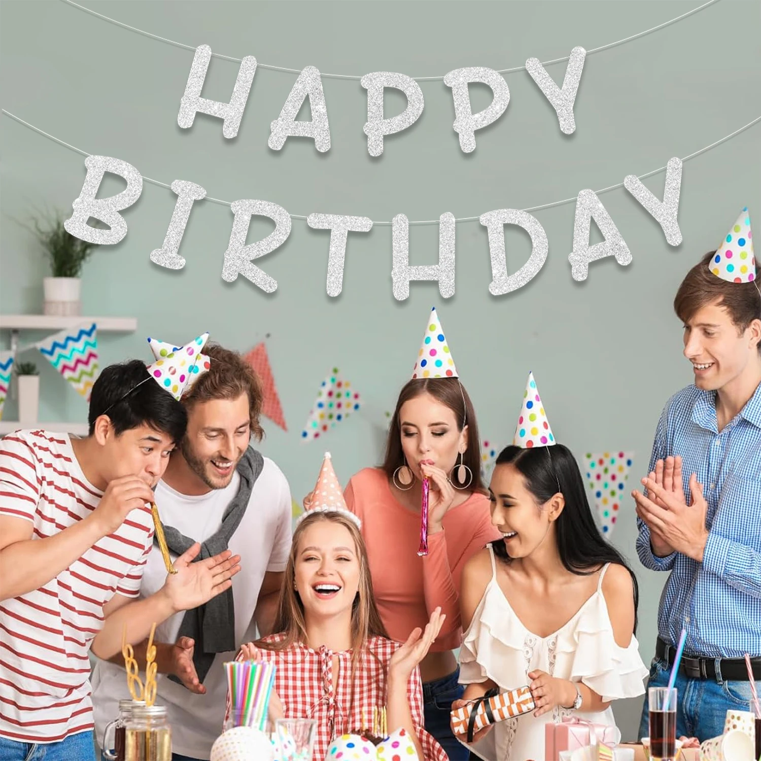 Glitzerndes Happy Birthday-Banner, Männer und Frauen, Babyparty, Geburtstagsfeier, Hintergrund, Wanddekorationszubehör – Detail 5