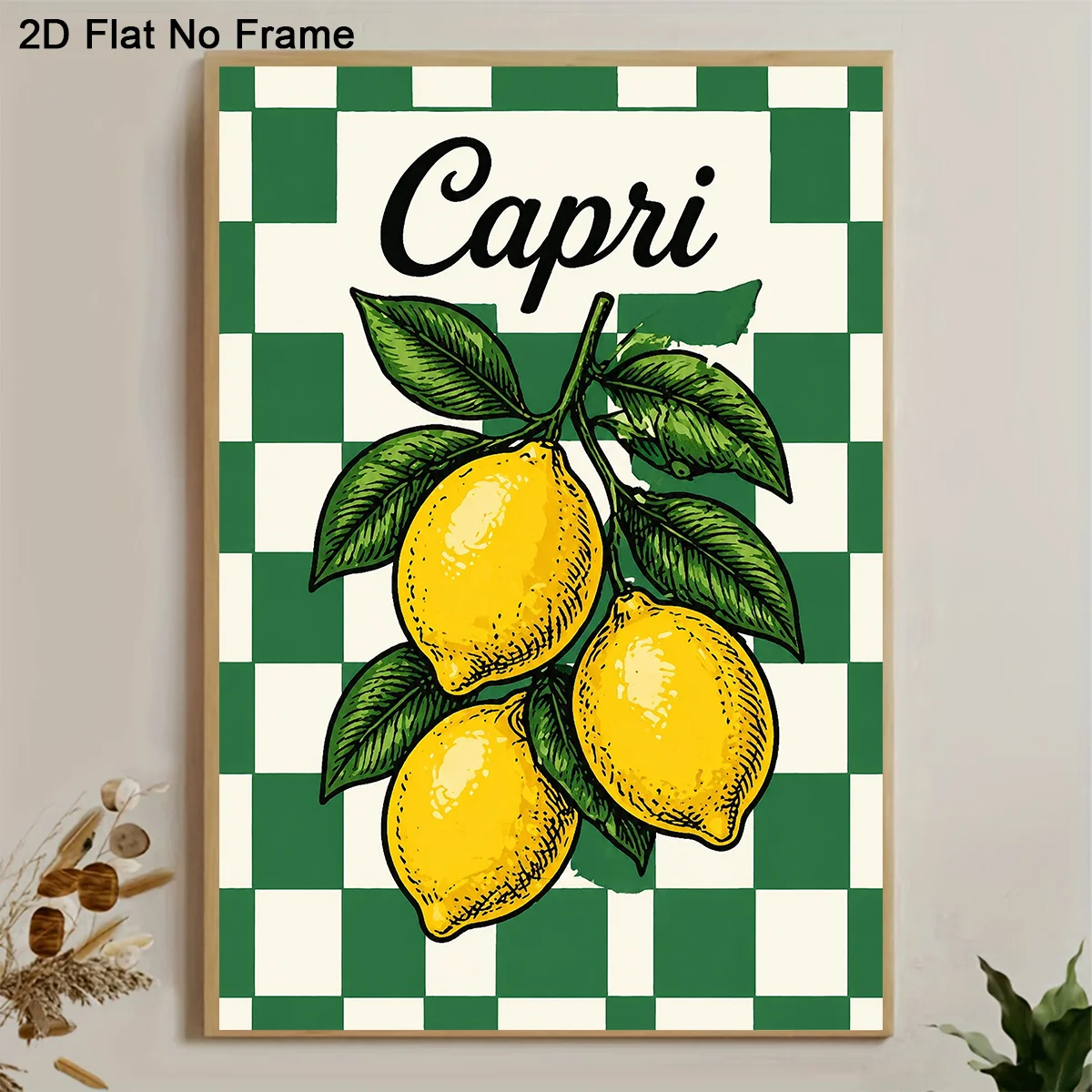 2D Flat, 2D Flat, 1pc Frameless Canvas Poster, Capri Lemons with Green Checkered Background, Bright Yellow Fruit Botanical Il