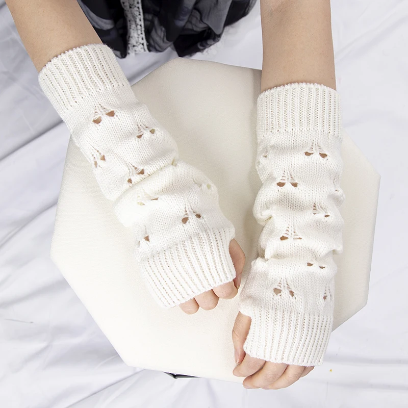 Women Long Fingerless Gloves Cute Fashion Casual Arm Crochet Warmer Knitting Hollow Mitten Black Soft Gloves Lolita Accessories