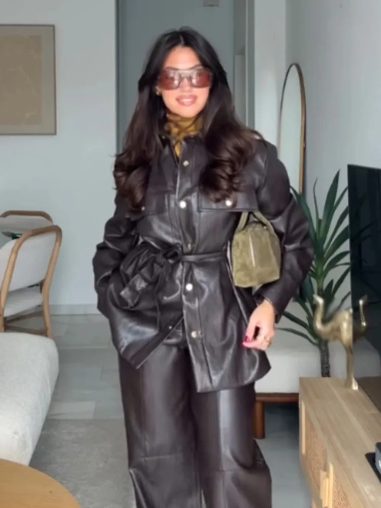 

HH Female Autumn Fashion Long Sleeves Jackets Solid Turn-Down Collar Belt Decoration Single Breasted Women High Street Coats