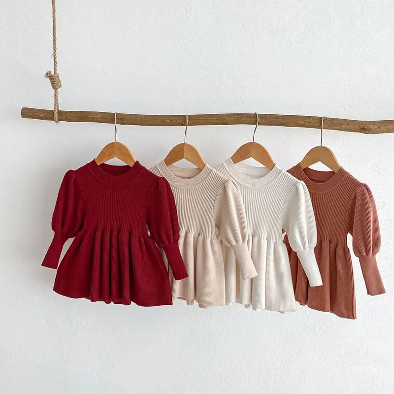 Baby Children's Sweater 0-5 Years Girls Solid Knitted Dress Top Fashion Puff Sleeve Kid's Pullover Spring Autumn Girls Clothing image 2