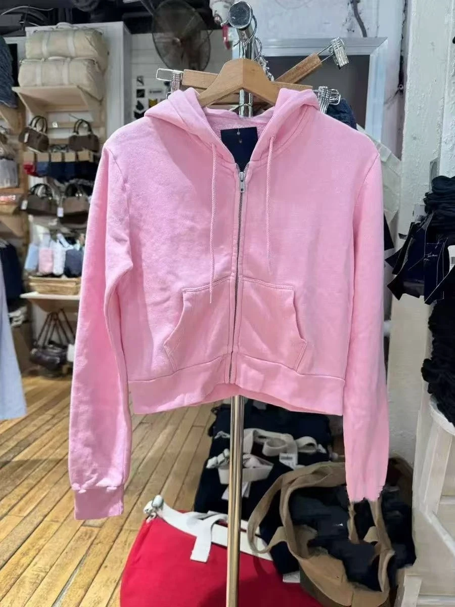 

Розовые толстовки с карманами на молнии, женская осенняя толстовка на молнии с длинными рукавами, короткая спортивная верхняя одежда в консервативном стиле, милая простая толстовка