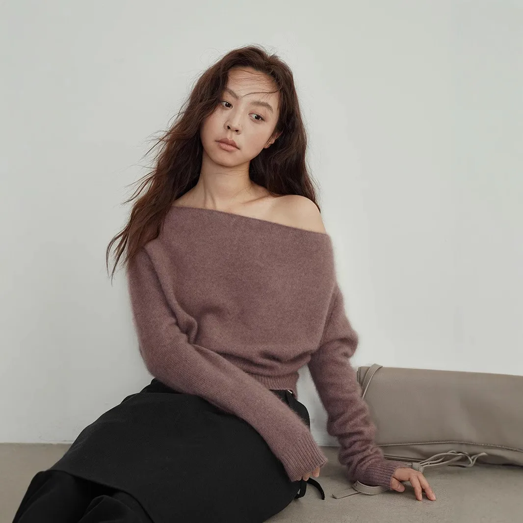 

Lazin Sle Женский вязаный свитер с мехом медведя, повседневный зимний дизайн с плечами, длинный свеч, обычная длина, чистый цвет свиньи...