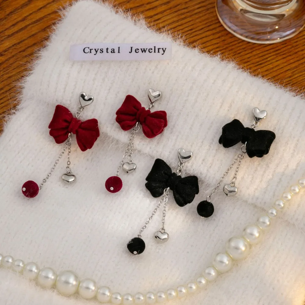 Sweet Bowknot Bow Drop Earrings Jewelry Accessories Black Red Bowknot Ear Pendant Flocking Love Heart Bow Dangle Earrings Women