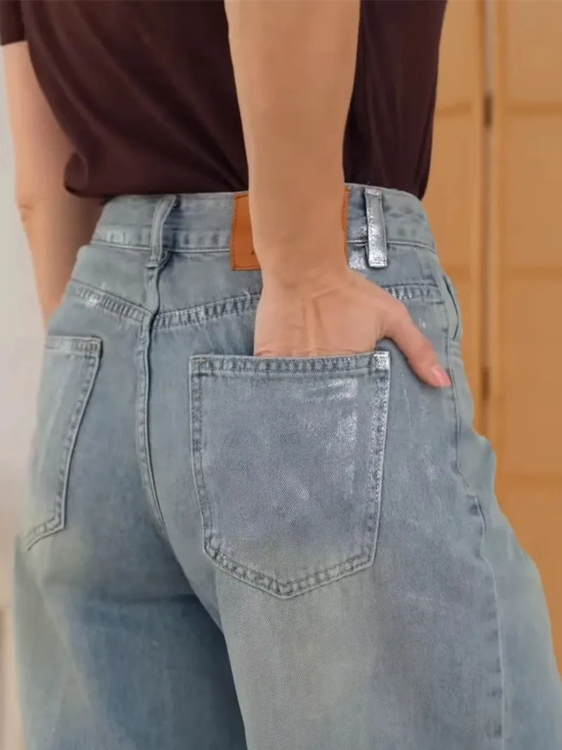 FINEWORDS الفضة احباط ختم عالية الخصر الجينز النساء واسعة الساق الكورية جينز غير رسمي الشارع الشهير Harajuku فضفاض الرجعية غسلها الجينز