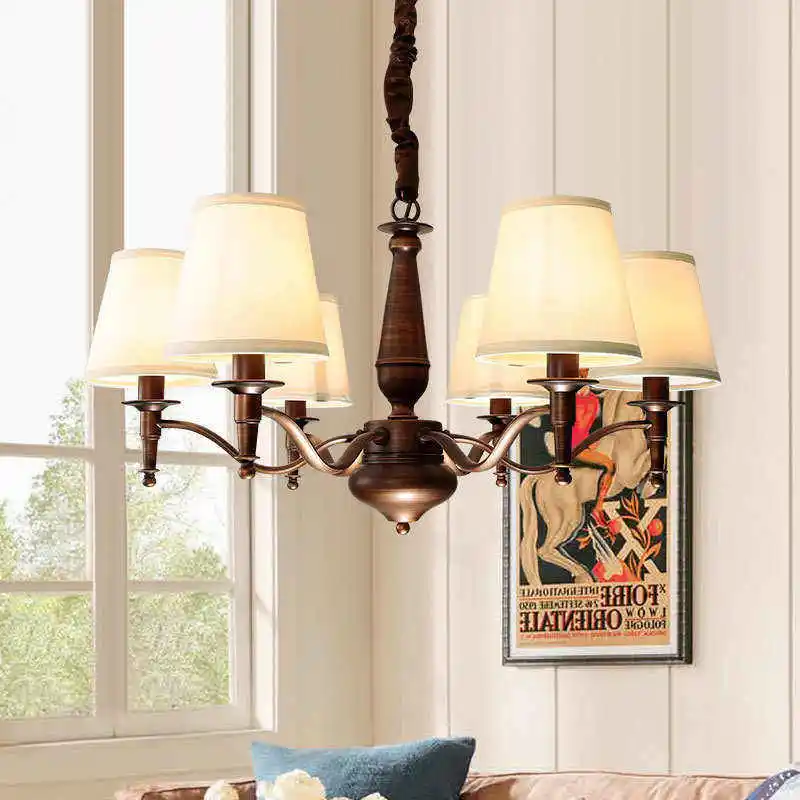 

American Country Retro Chandeliers LED Minimalist Fabric Lampshade Living Room Restaurant Bedroom Villa Home Decor Pendant Light