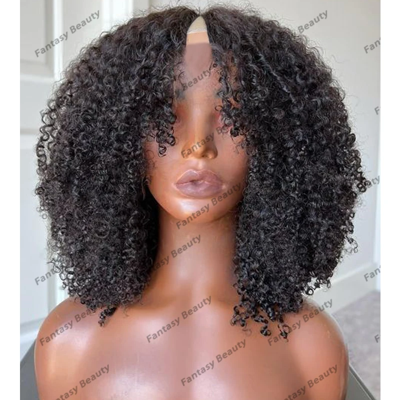 Glueless Remy Parte Perucas para Mulheres Negras, 100% Cabelo Humano, Kinky Curly Abertura, V Parte Peruca, Caramelo Castanho, Natural, 1x4, 200 Densidade