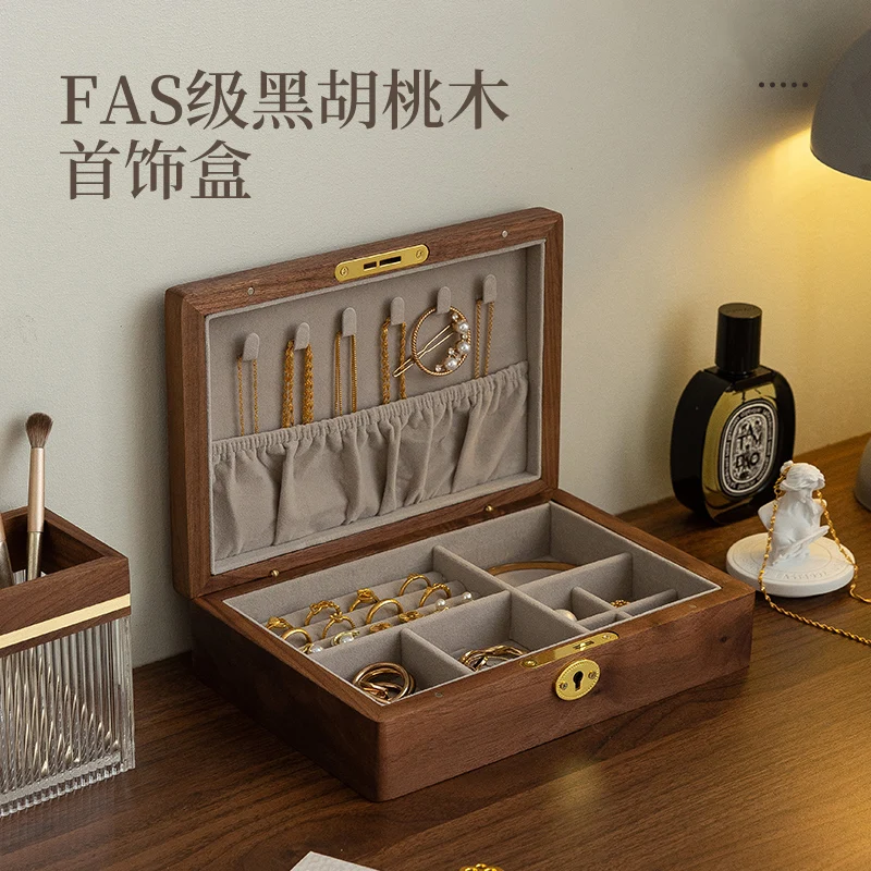 Schmuckaufbewahrungsbox in nordischen Länder, hochwertig exquisit mit Schloss, Retro-Schmuckschatulle aus schwarzem Walnussholz, Halskette, Ohrringe