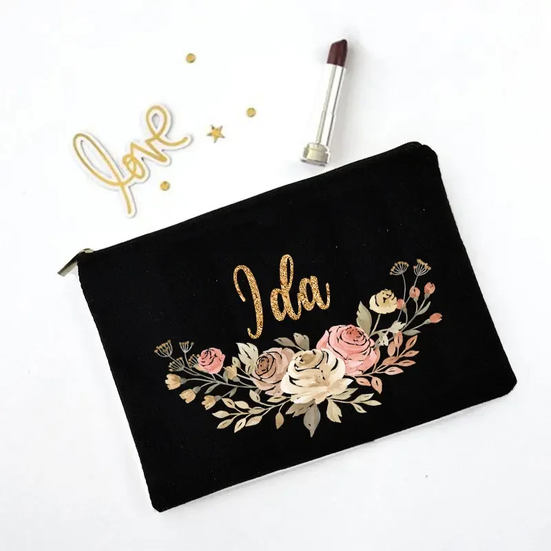 

Flower Personalised Custom Name Makeup Bag Cosmetic Bags Travel Toiletry Organizer Zipper Pouch Mujer Bolsa Women Neceser Canvas