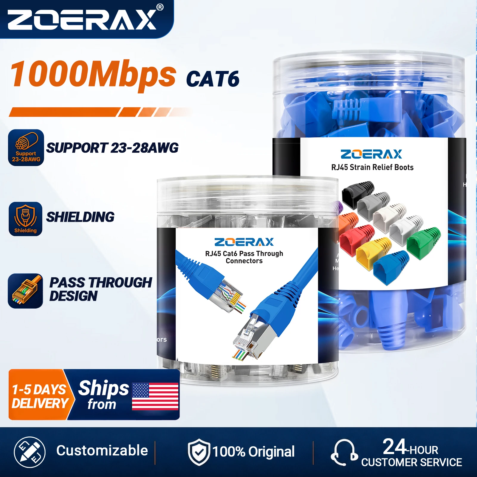ZoeRax 100PCS Cat6 Pass‑Through RJ45 Connectors with Strain Relief Boots,STP Shielded RJ45 Modular Plugs for 23‑28AWG Ethernet Cable, Cat6/Cat5e Crimp Connector Kit