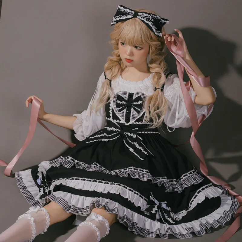 Lolita Jumper Skirts Women Kawaii Dresses Miads Girls Princess Black Heart Tiered Dress Japanese Harajuku Cosplay Costume Dress