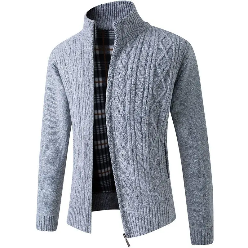 Men's Fleece Lined Stand Collar Knitted Sweater Autumn Winter Warm Casual Loose Solid Color Thickened Trendy Jacket