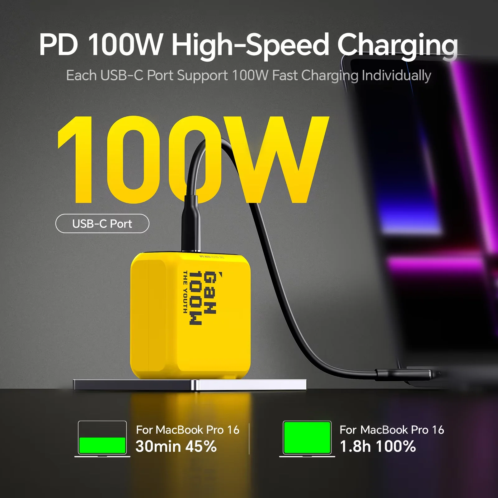  Зарядное устройство AOHI Youth 100W GaN для Macbook, ноутбуков, планшетов, быстрая зарядка для iPhone, Xiaomi, PD3.1, USB Type-C, зарядка для iPhone 16, 15