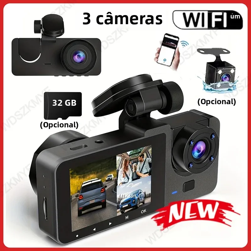 Câmera de carro de 3 canais, câmera de painel wi-fi de lente tripla, gravador de vídeo HD 1080P, visão noturna, DVR de carro com grande angular para frente e rea