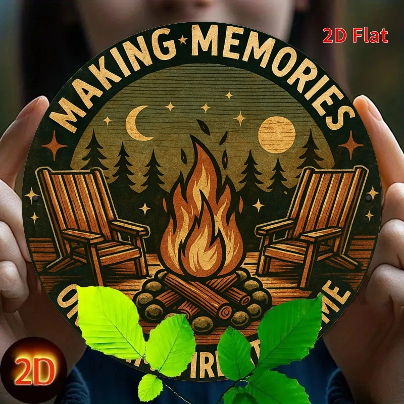 2D Flat - A Vintage-Style Metal Wall Sign Featuring a 2D Flat Design That Captures Campfire Memories, Perfect for Rustic Cabin D