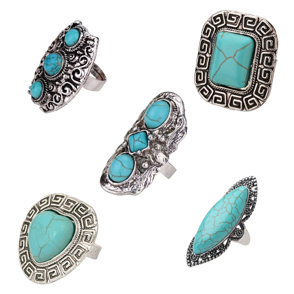 Vintage Silvery Turquoise Rings for Women Boho Tibet Ethnic Tribal Afghan Pakistan Indian Gypsy Men\'s Green Stone Retro Jewelry