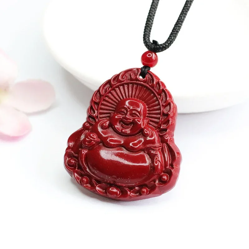 Pendentif Bouddha Maitreya en Cinabre Naturel Authentique, Or Violet, Sable, Bijoux Fins pour Hommes et Femmes