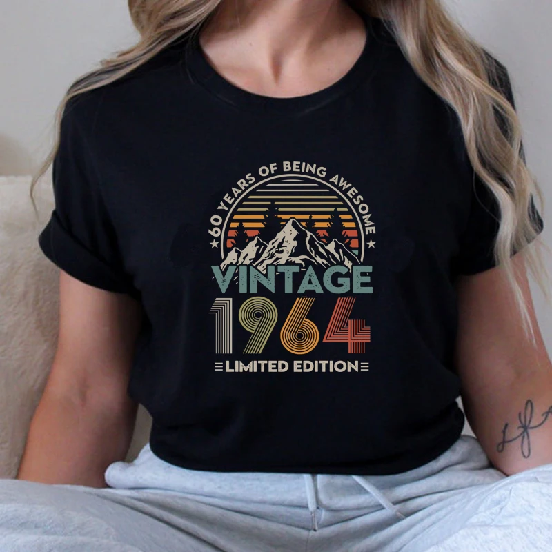 

60 Years of Being Awesome Vintage 1964 Limited Edition Women T Shirt Cotton Retro 60th Old Birthday Clothes Mountains Top Tshirt