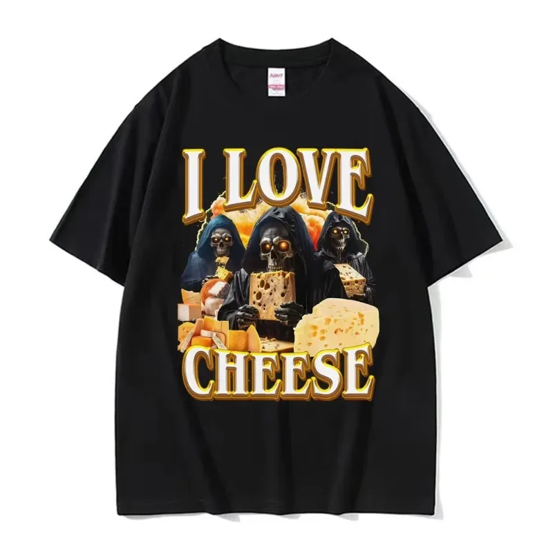 

Funny Vintage Skeleton I Love Cheese Meme T Shirts Gothic Graphic T-shirts Men's Women Summer Crewneck Cotton T-shirt Streetwear