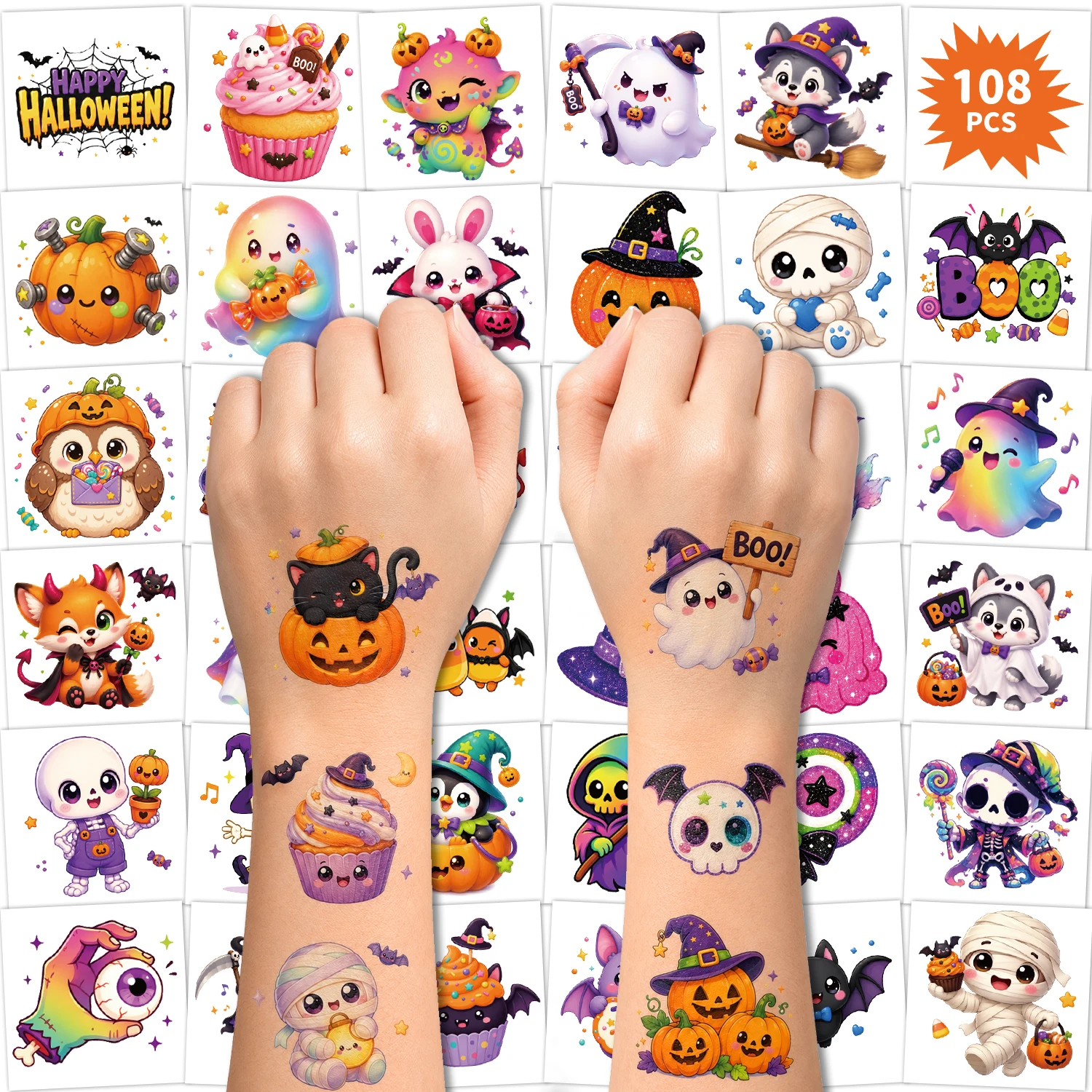 Pre Cut 108 Pcs Halloween Temporary Tattoos Stickers, Featuring Horror Pumpkins, Skeletons, Spooky Ghosts, Spider Webs, and More