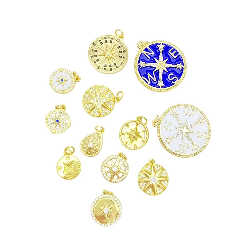 

2 Pcs Brass Micro Inlay Zircon Compass Enamel Pendant DIY Jewelry Making Supplies Round Teardrop Bracelet Necklace Accessories