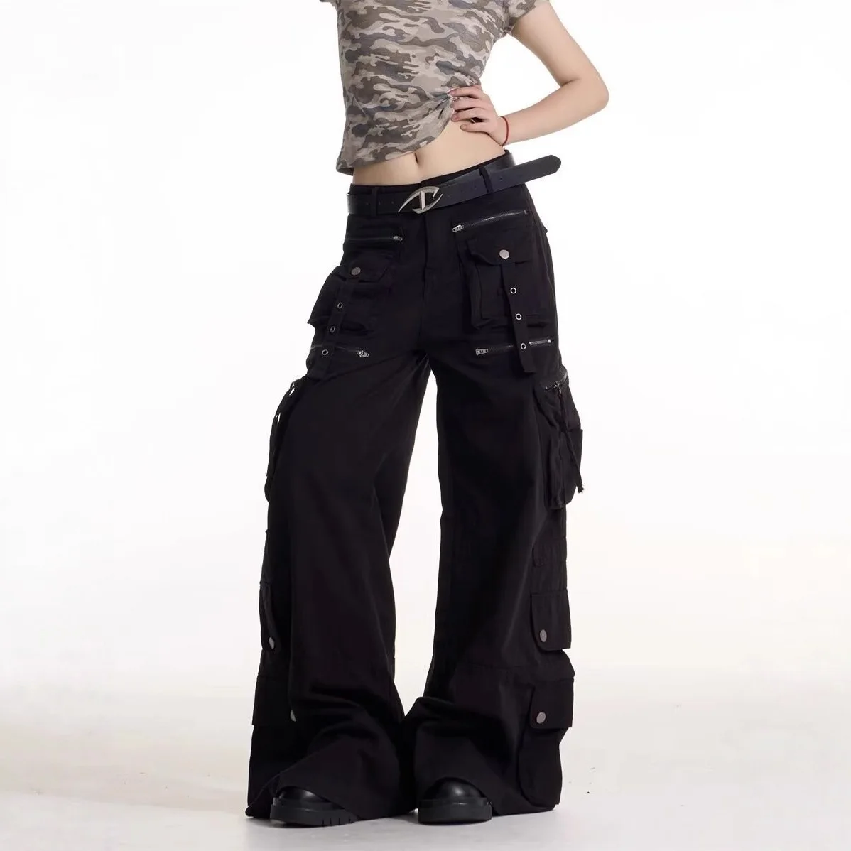 2026 Vibe Y2K Style Black Multi Pockets Baggy Functional Cargo Jeans Pants For Women Clothing Wide Leg Lady Trousers Ropa Mujer