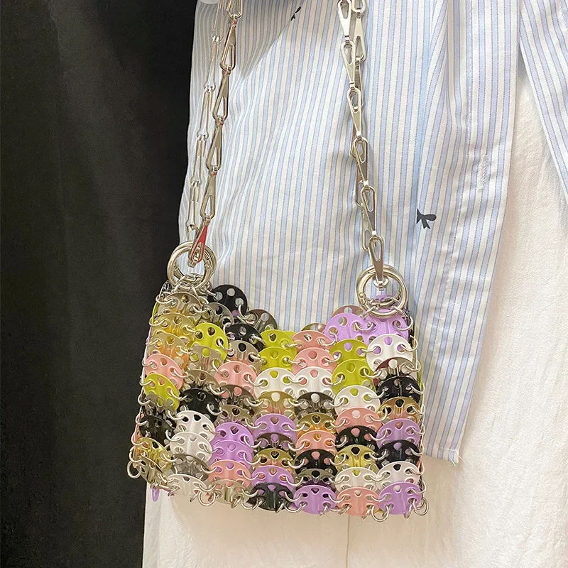 Cross Border Trendy Shiny Handbag Handmade Woven Bead Sequin Women's Shoulder Bag Ins Colorful Chain Mobile Phone Crossbody Bags