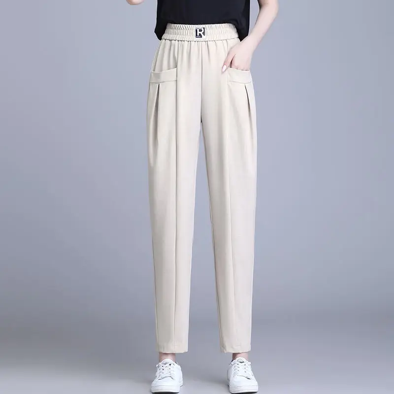 

Trousers Spring Autumn Trouser Suits Solid Color Pockets Elastic High Waisted Women's Clothing All-match Commute Cropped Pants