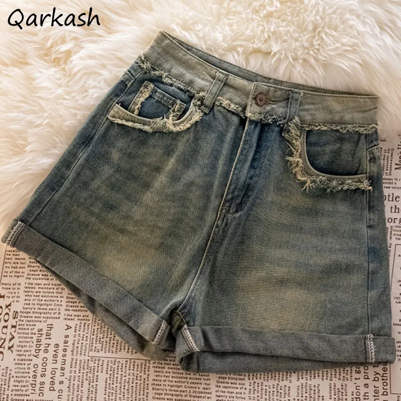 

Vintage Shorts for Women All-match High Waist Casual Summer Clothing Young College Female Ins Frayed A-line Do Old Pockets Cool