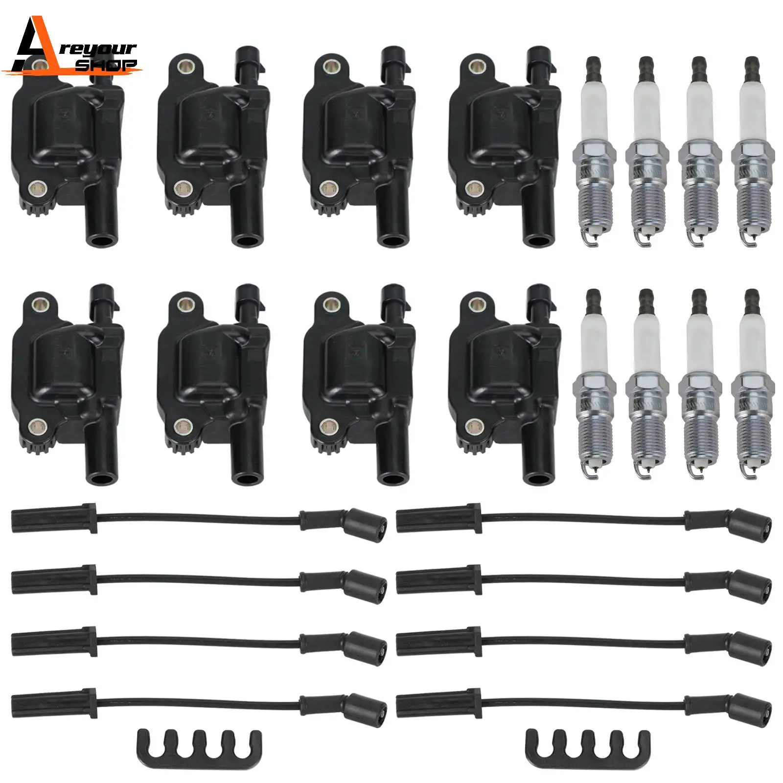 

Areyourshop 8PCS Square Ignition Coil+Spark Plug+Wires 12611424 for Silverado 1500 Tahoe GMC Car Accessories Parts