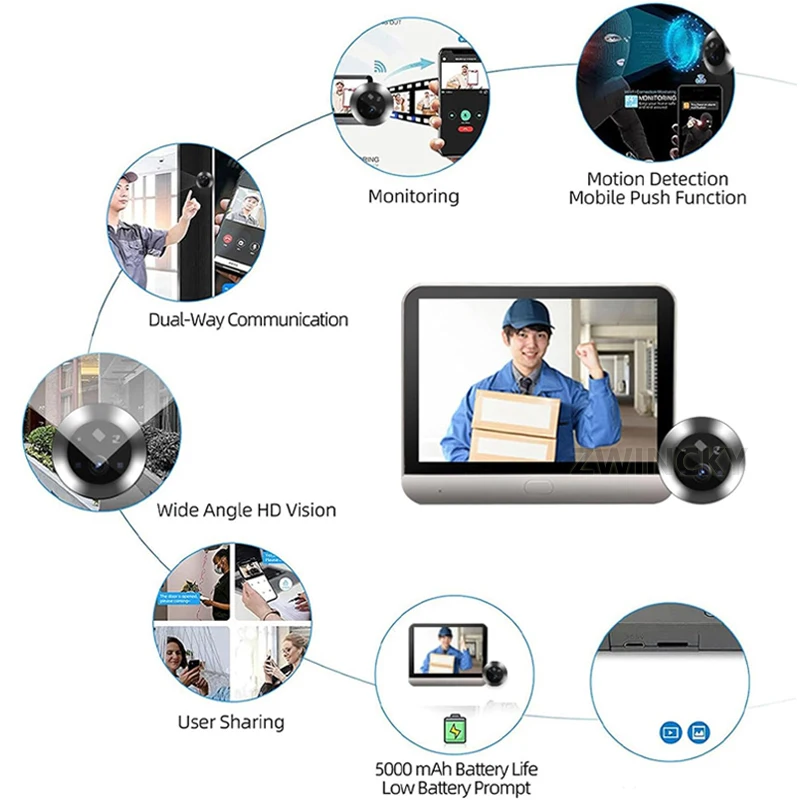 Imagem -03 - Câmera Peephole sem Fio hd Night Pir Wifi Proteção de Segurança Casa Inteligente com Chamada em Dois Sentidos 4.3 Polegada 1080p
