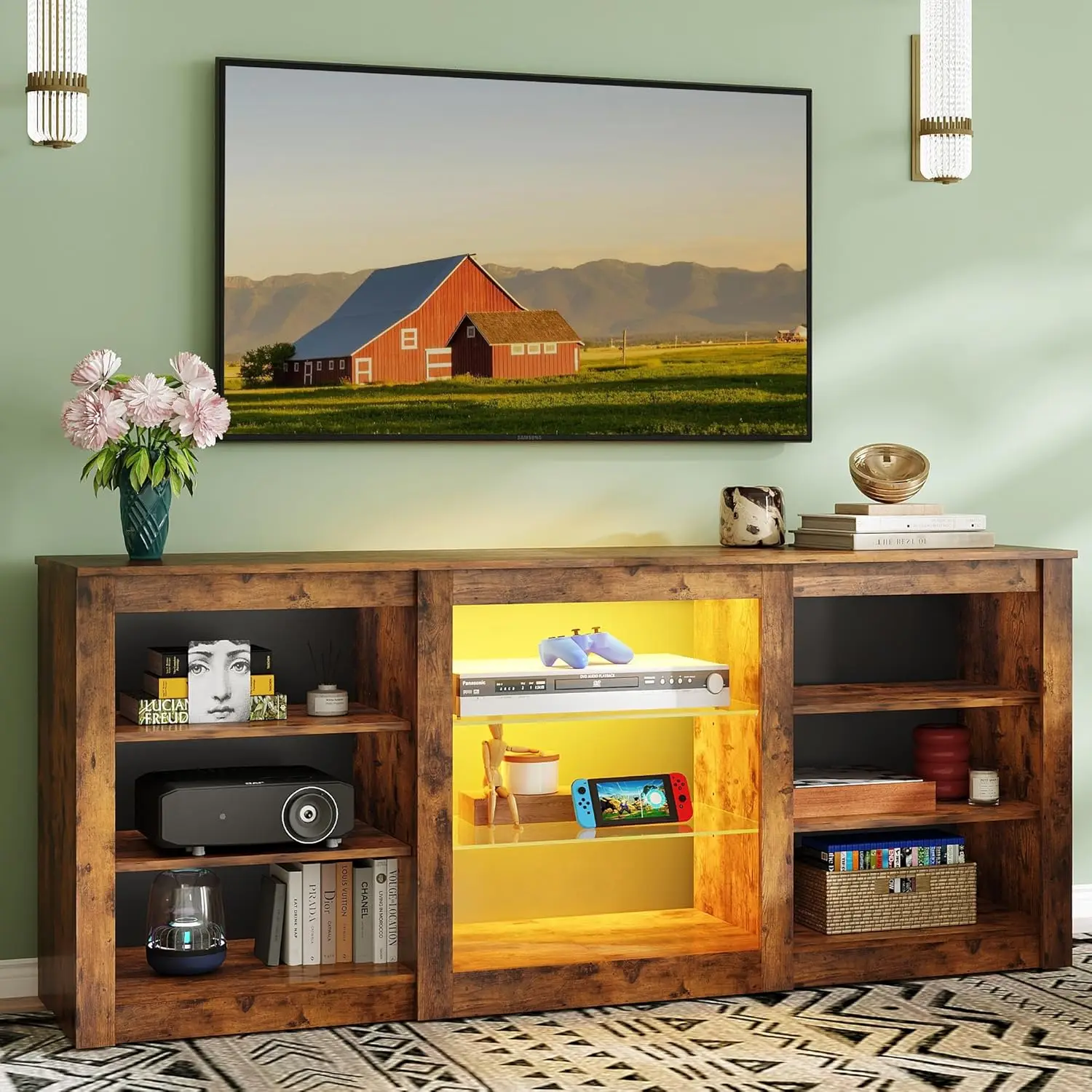 

Modern TV Stand Adjustable Shelves RGB LED Media Console Living Room Gaming 65Inch Brown,Custom