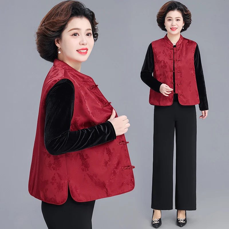 

Ele National Sle Vest Coat for Middle-Aged And ly Women Spring Autumn Small Size Loose Fit Button Printed Faion Top