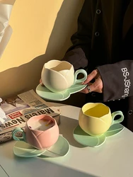 Cute Tulip Tray Suits Ceramics Mugs Flower-shaped Coffee Milk Mark Cups Saucers Plate Set Drink Cups 350ML