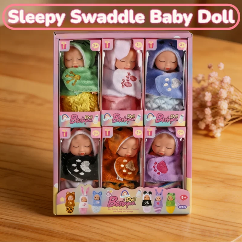 

6PCS 4 Inch Sleepy Swaddle Baby Doll Set, Mini Reborn Baby Dolls with Closed Eyes, Animal Themed Soft Plush Wrapped Baby Doll