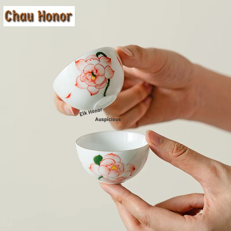 1pc 40ml Hand-painted Lotus Rhythm Joy Teacup Luxury Tea Bowl Tea Cup  Tea-tasting Fragrance Cup Jianzhan Master Cups Drinkware