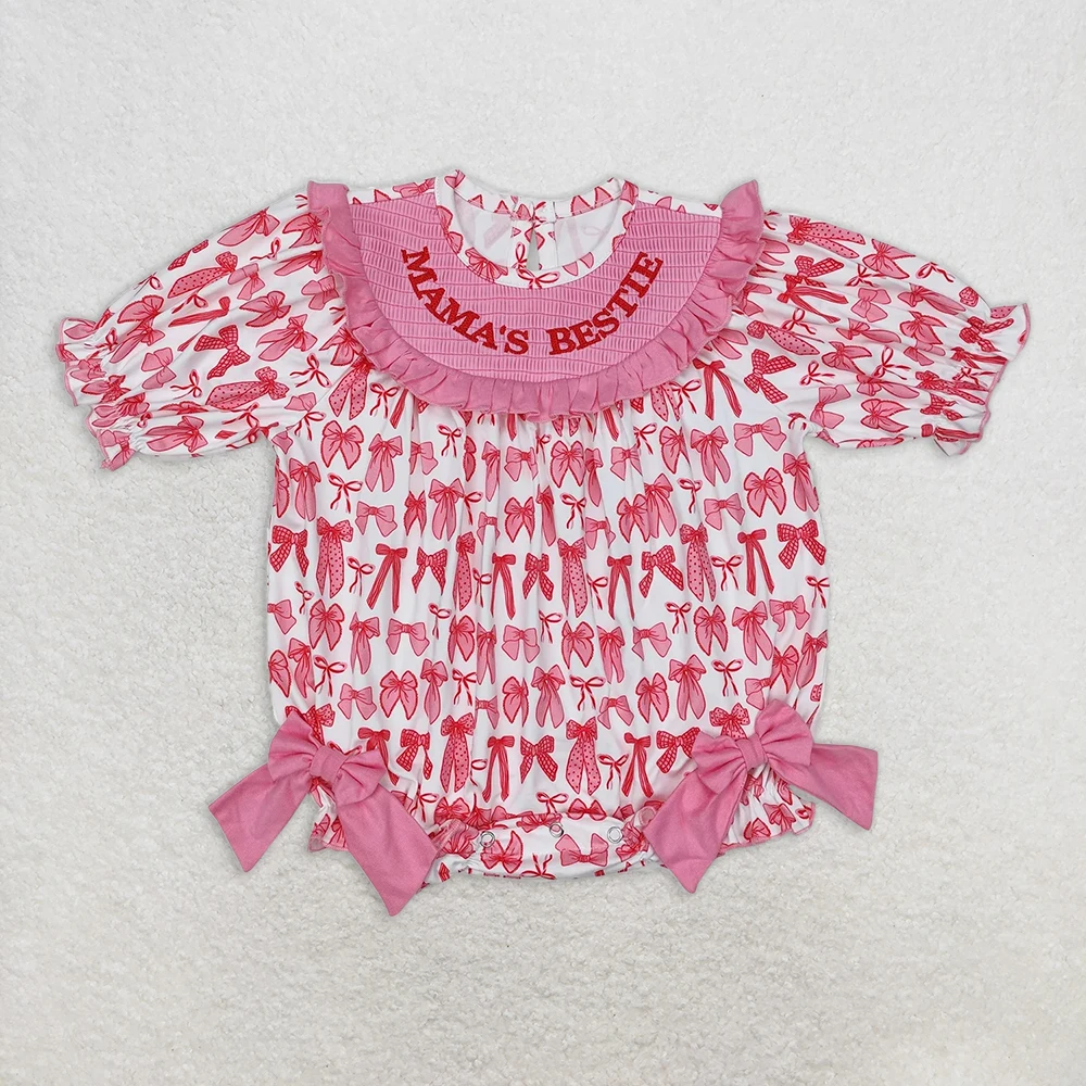 

Baby Girls Pink Bows Smocked Romper Short Sleeves Mama's Bestie Outfit Infant Girl's Clothing Smocked Bow Detail