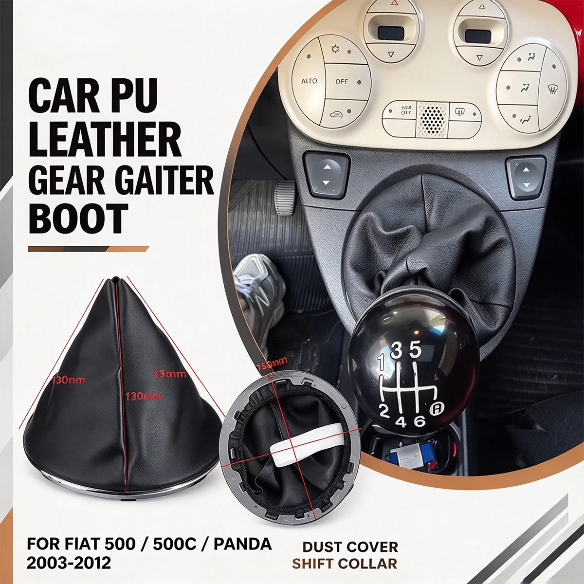 For Fiat 500 500C 2007-2013 Panda 2003-2012 PU Leather Gear Shift Boot Gaiter Cover Dustproof Plastic Frame Mounting Ring