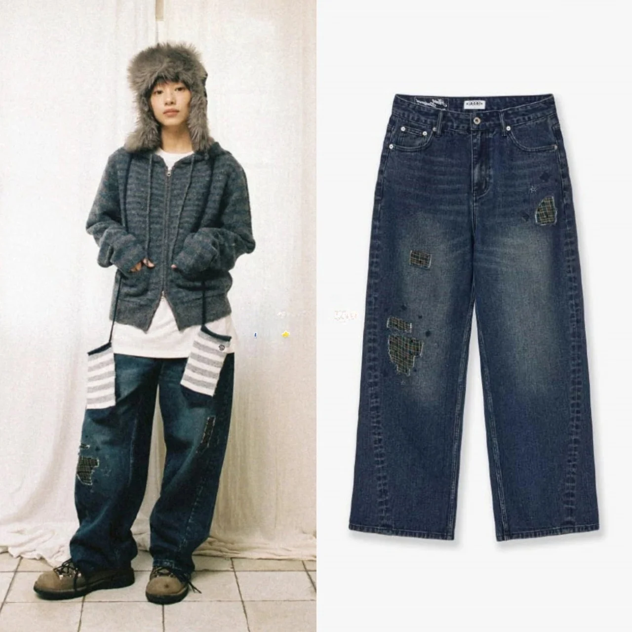 

Casual Straight Leg Jeans High Waist Zipper Closure Star Patch Work Versatile Jeans Blue Denim Youth Wear Autumn Winter New A...