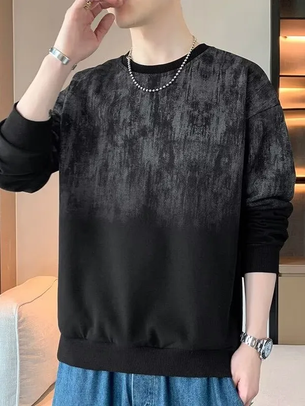 Washed Gradual Print Heavy Long Sleeve round Neck American Trendy Brand Loose Men's Sweatshirt Spring Autumn New Style T-shirt