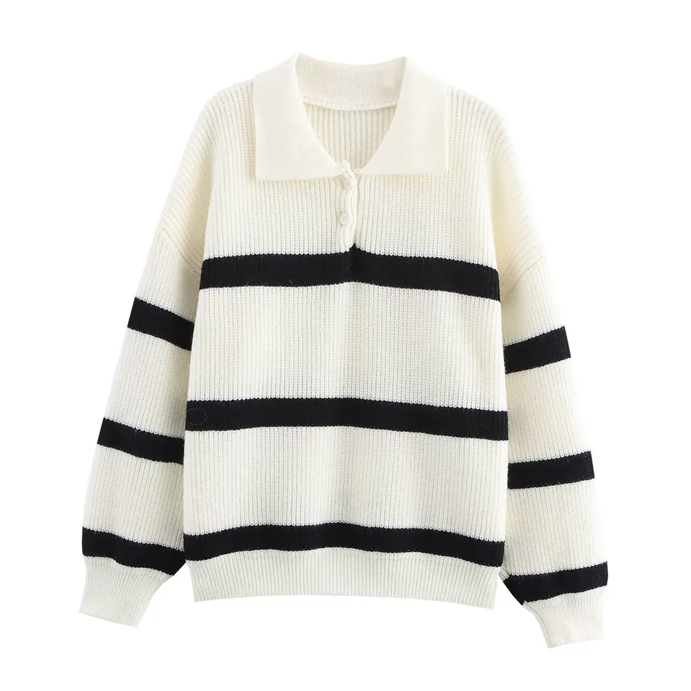 

Autumn 2024 women's new fashion, leisure, slim and versatile thick needle Polo square neck striped knit pullover sweater