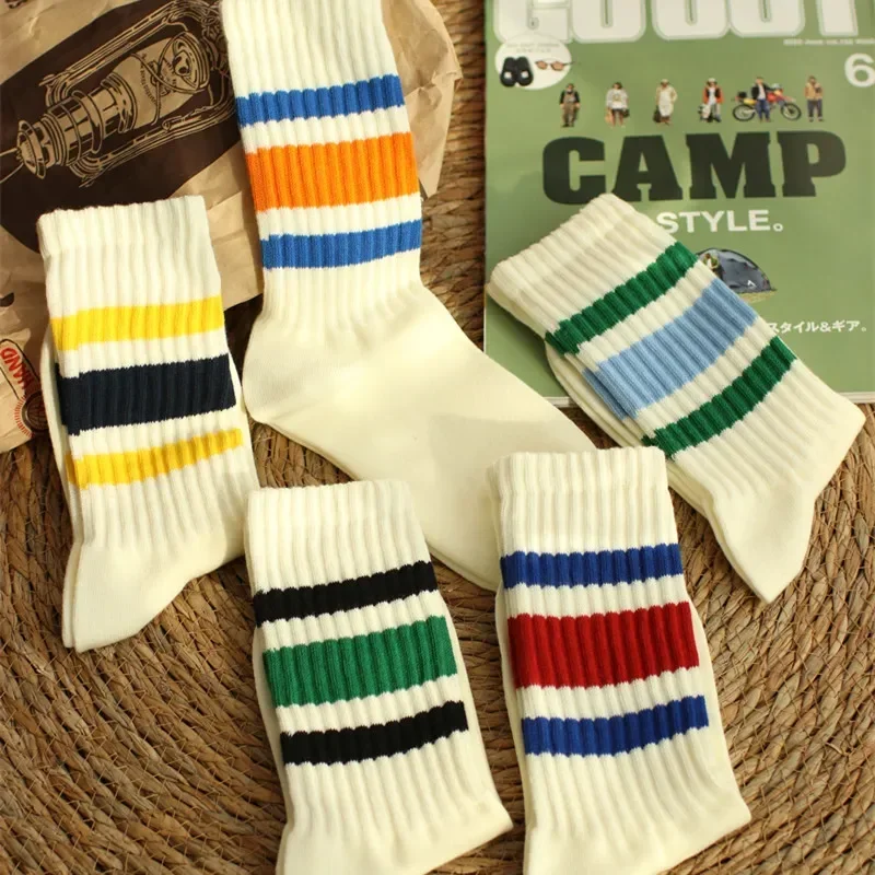 Men\'s Vintage Striped Basketball Medium Tube Socks Unisex Women Cottons Cityboy Japanese Thick Towel Bottom Couple Sports Socks