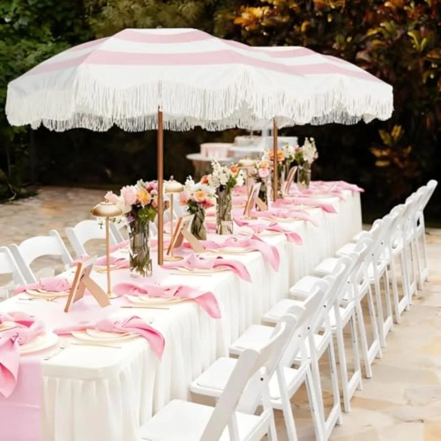 Boho Fringe Umbrella Outdoor Patio, 6.5ft UPF50+ Picnic Umbrella with Tassels with Steel Pole and Push Button Tilt