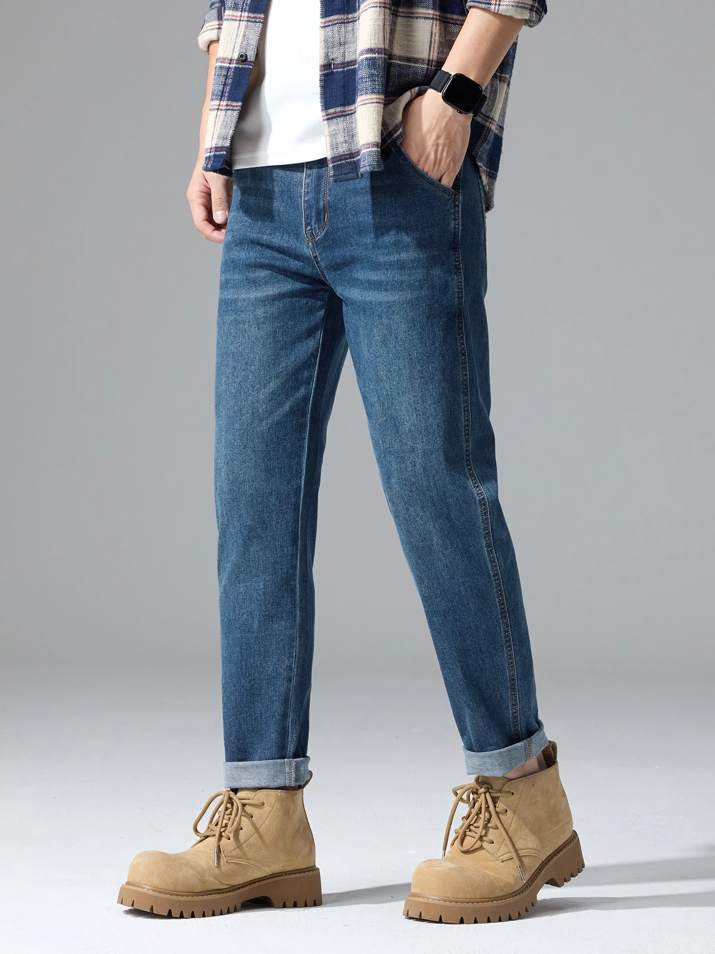 

Мужские джинсы премиум-класса, эластичные, синие, весна-лето, тонкие, модные, облегающие, повседневные, длинные брюки, новый стиль 2026, со средней посадкой, на молнии