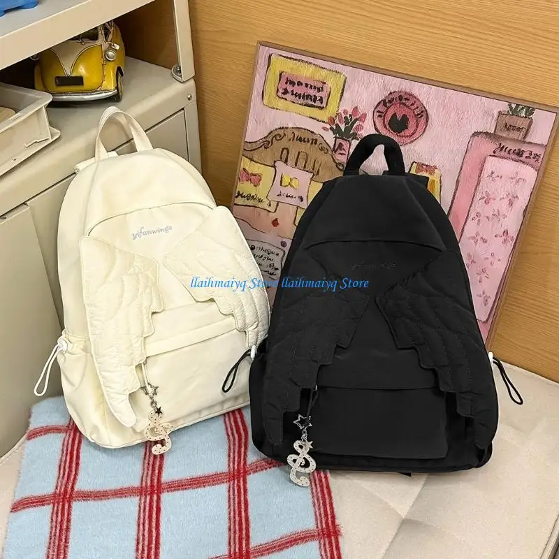 573B Wing Backpack for School and Commute Book Bag Casual Daypack with Quilted Applique, Front Pocket, Outer Pockets, Top Handle