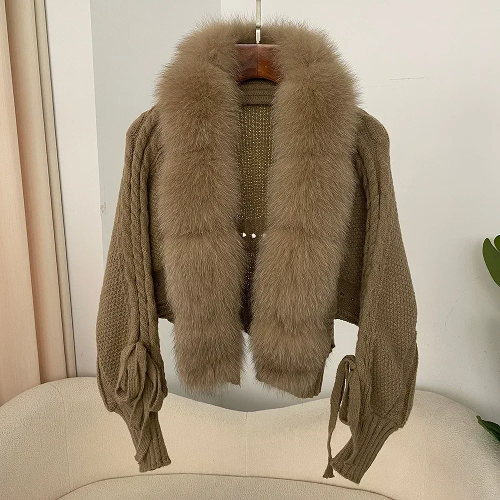 2024 Winter Neue Mode Stricken Strickjacke Knopfleiste Mantel Frauen Casual Echt Fox Pelzmantel Kurze Warme Gestrickte Jacke mit Natürlichen Pelz